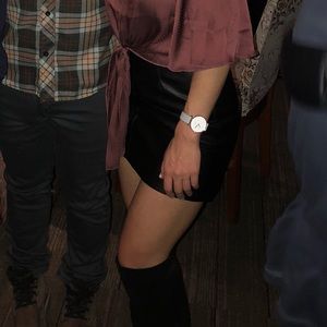 Black leather high waisted mini skirt